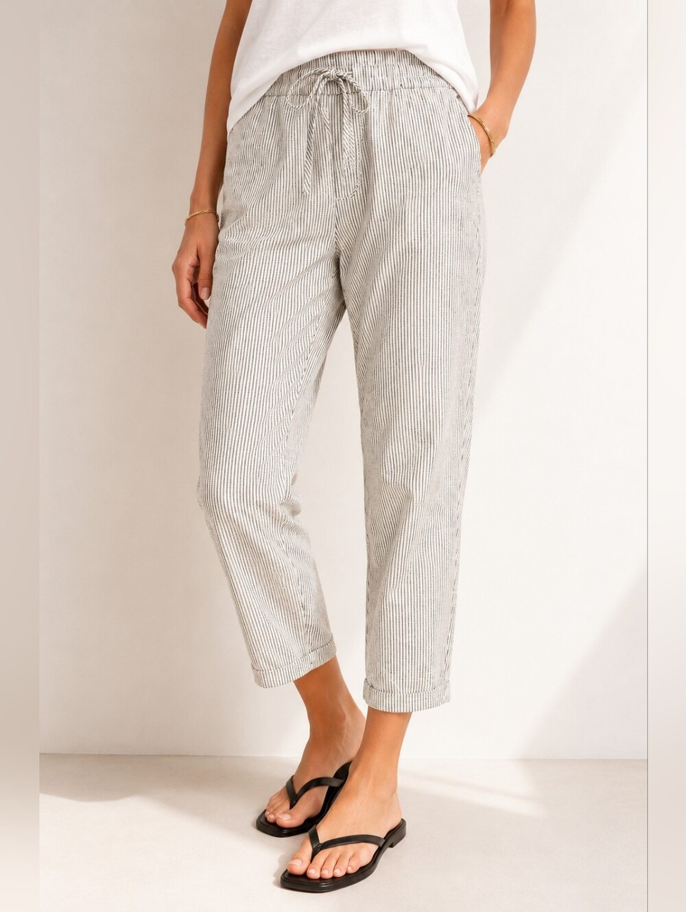 🌊🤍🩴J.Crew Linen Blend Cropped Drawstring Pants NWOT Black White Stripe Size 6